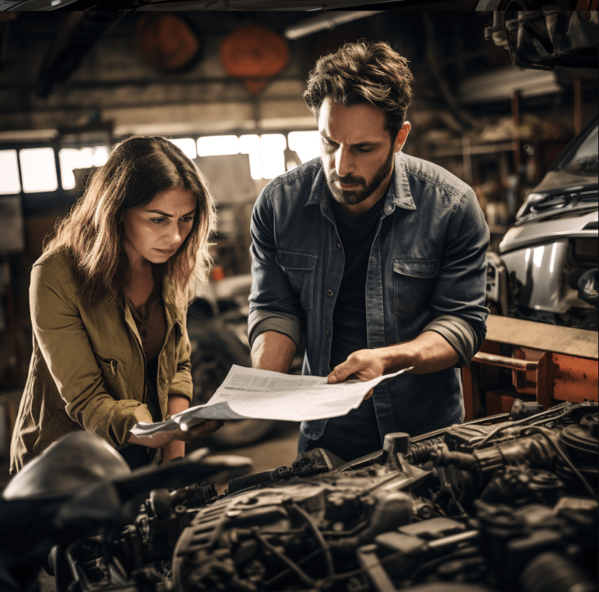 A man and woman pointing at damaged car parts, arguing over discrepancies in the adjusters report