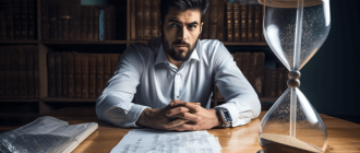 A man sitting at a desk full of overdue paperwork, visibly frustrated, with a calendar showing months passing by