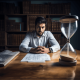 A man sitting at a desk full of overdue paperwork, visibly frustrated, with a calendar showing months passing by