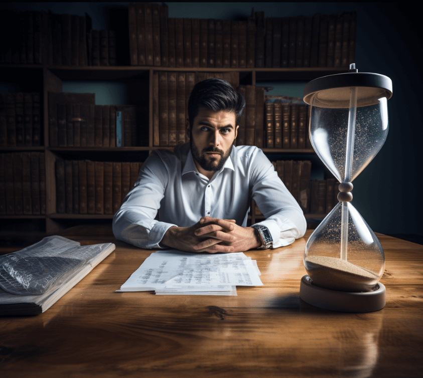 A man sitting at a desk full of overdue paperwork, visibly frustrated, with a calendar showing months passing by