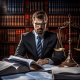 A stressed man in a suit reviewing legal documents and insurance paperwork