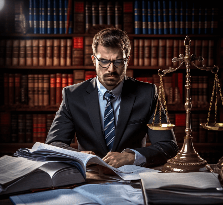 A stressed man in a suit reviewing legal documents and insurance paperwork