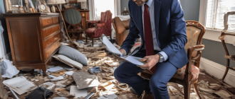 An insurance adjuster inspecting damaged personal items in a home, taking notes on a clipboard