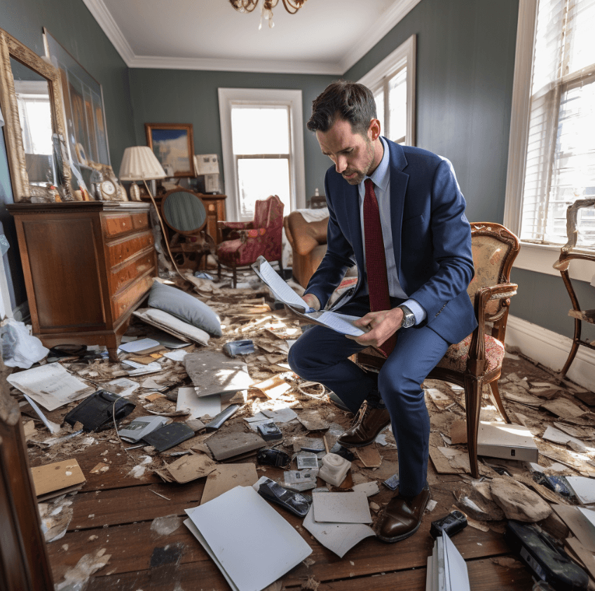 An insurance adjuster inspecting damaged personal items in a home, taking notes on a clipboard